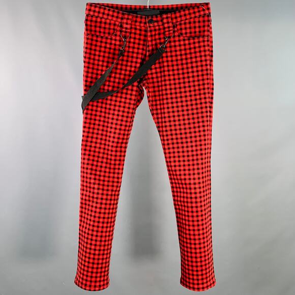 Size M Red Black Cotton Blend Checkered Straps Zip Fly Bondage Casual Pants - Picture 1 of 7